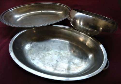 THREE SILVER PLATE SERVING BOWLS OR DISHES