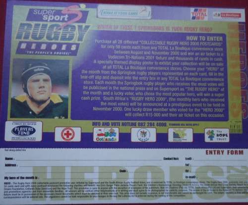 SPRINGBOK RUGBY - SELBORNE BOOME - 2000 COMPETITION CARD SPONSORED BY SUPERSPORT