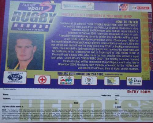 SPRINGBOK RUGBY -RASSIE ERASMUS - 2000 COMPETITION CARD SPONSORED BY SUPERSPORT