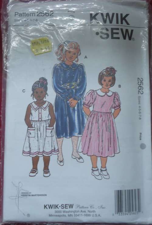 KWIK SEW PATTERNS 2562  GIRL'S DRESSES SIZES 4 + 5 + 6 + 7 + 8 YEARS - COMPLETE AND SEALED PATTERN