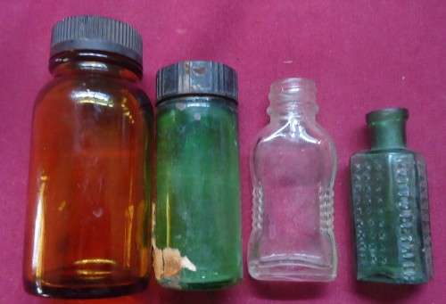 FOUR SMALL VINTAGE CHEMIST-APOTHECARY BOTTLES - AS PER PHOTOS
