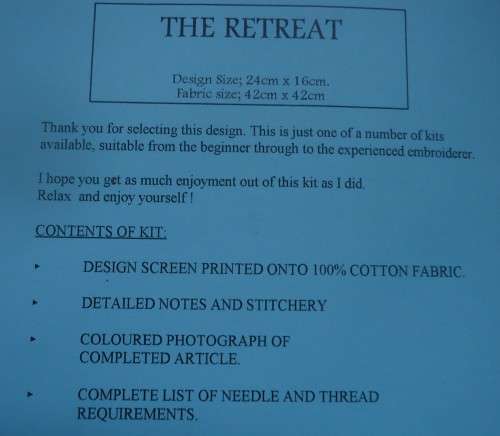 UNUSED EMBROIDERY KIT - THE RETREAT - Fabric Size 42 cm x 42 cm by JUST HEIRLOOMS