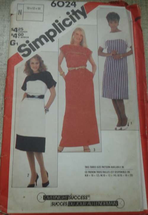 SIMPLICITY PATTERNS 6024  PULLOVER & SASH DRESS SIZE N= 10 + 12 + 14  COMPLETE