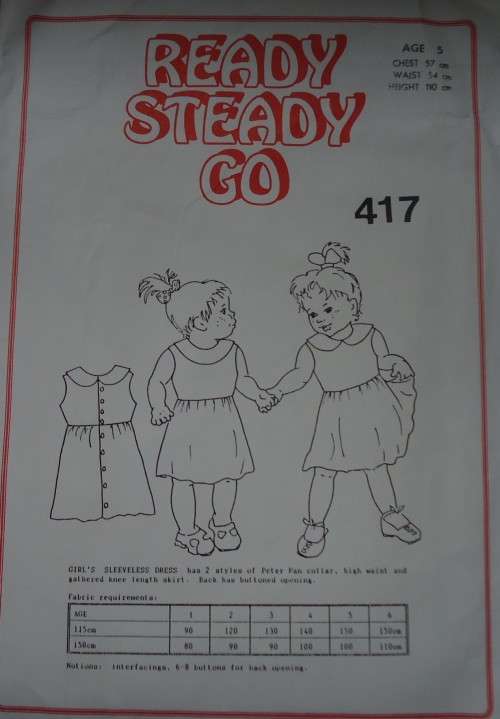 READY-STEADY-GO PATTERN - #417 GIRL'S SLEEVELESS DRESS- SIZE 5 YEARS CHEST 57 CM