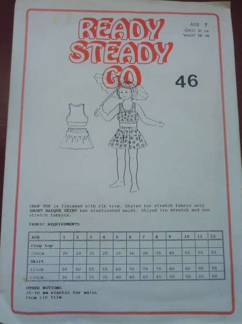 READY-STEADY-GO PATTERN - NUMBER 46 - CROP TOP & SHORT BASQUE SKIRT- AGES  7 CHEST 61 CM WAIST 58 CM
