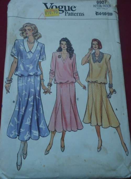 VOGUE PATTERN 9907  PULLOVER BLOUSON DRESS SIZE 14+16+18 COMPLETE