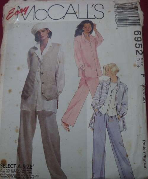 McCALL'S PATTERN 6952 UNLINED VEST, SHIRT & PANTS SIZE F = 16 + 18 + 20 COMPLETE