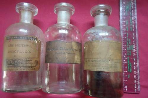 THREE ROUND VINTAGE CHEMIST-APOTHECARY BOTTLES WITH STOPPERS & LABELS -SEE PHOTOS