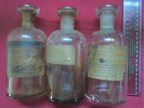 THREE ROUND VINTAGE CHEMIST-APOTHECARY BOTTLES WITH STOPPERS & LABELS -SEE PHOTOS