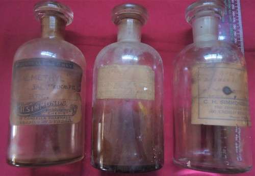THREE ROUND VINTAGE CHEMIST-APOTHECARY BOTTLES WITH STOPPERS & LABELS -SEE PHOTOS