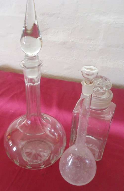 THREE UNIQUELY SHAPED  VINTAGE CLEAR GLASS CHEMIST-APOTHECARY BOTTLES WITH GLASS STOPPERS-SEE PHOTOS