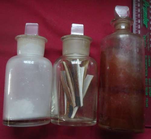 THREE DIFFERENT SIZE CLEAR GLASS VINTAGE CHEMIST-APOTHECARY BOTTLES WITH GLASS STOPPERS -SEE PHOTOS