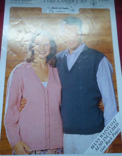 PETER GREGORY #7183 LADY`S CARDIGAN, MAN`S SLIP OVER & WAISTCOAT SIZES 80 - 110 CM OR 32 - 44`
