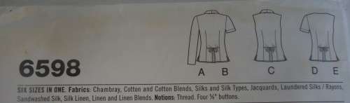 NEW LOOK PATTERNS 6598  BLOUSE IN FIVE VARIATIONS  SIZES 8 - 18 COMPLETE