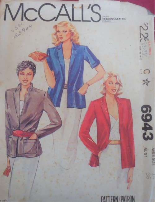 McCALL'S PATTERN 6943 BLAZER SIZE 14 BUST 36" COMPLETE