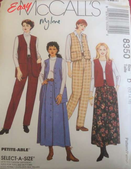 McCALL`S PATTERN 8350 LINED WAISTCOAT-PULL ON PANTS & SKIRT SIZE D  12-14-16 COMPLETE
