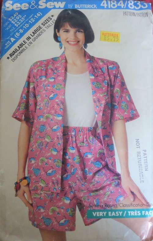 BUTTERICK PATTERN 4184/833 SHIRT-TOP-SHORTS SIZE A = 6-8-10-12-14 COMPLETE