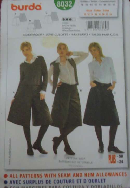 BURDA PATTERN 8032 SKIRT-CULOTTES SIZES  10 - 24 COMPLETE