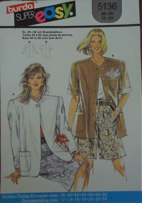BURDA PATTERN 5136 SHORT & LONG SLEEVE JACKET SIZES 12 + 14 + 16 + 18 + 20 + 22 + 24 COMPLETE