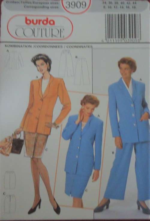 BURDA PATTERN 3909 JACKET, PANTS & SKIRT SIZES 8 - 18 / 34 - 44` COMPLETE