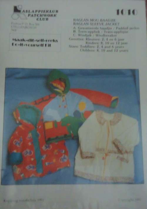 DO IT YOURSELF KIT - RAGLAN SLEEVE JACKET-PADDED-TRAIN-WINDBREAKER AGES 2 -12  # 1010 PATCHWORK CLUB