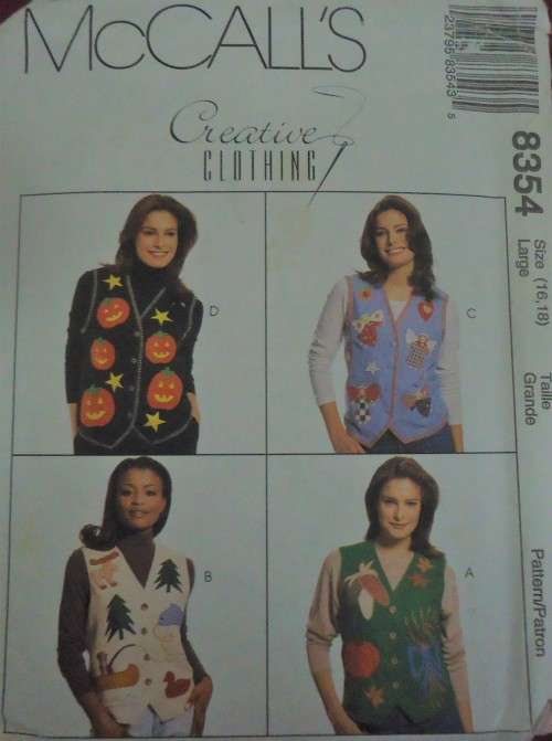 McCALL'S PATTERNS  8354 LINED WAISTCOAT WITH APPLIQUE VARIATIONS SIZE LARGE 16 + 18 COMPLETE & UNCUT