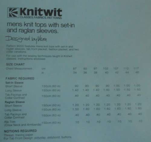 KNITWIT PATTERNS 9000  `MEN`S KNIT TOPS WITH SET-IN & RAGLAN SLEEVES` SIZES 87 - 117 CM
