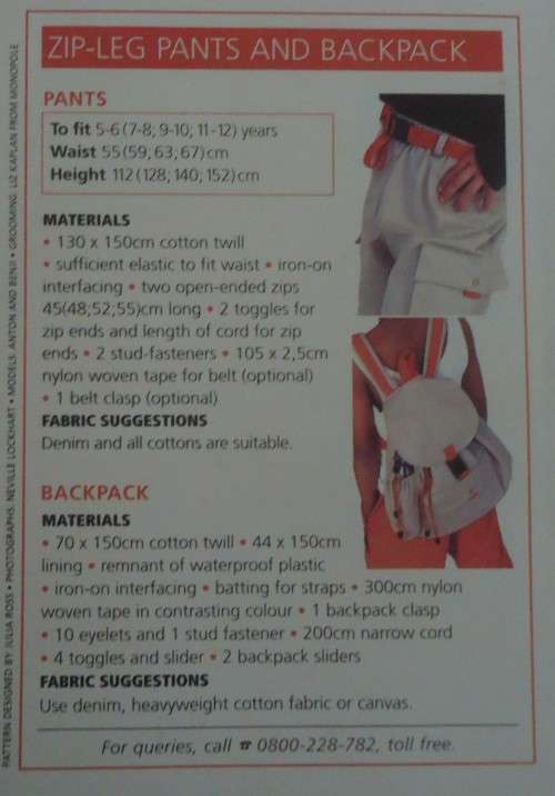VALUE KIDS PATTERNS  `ZIP-LEG PANTS AND PACKPACK` SIZES 5 - 6, 7-8, 9-10, 11 - 12  YEARS
