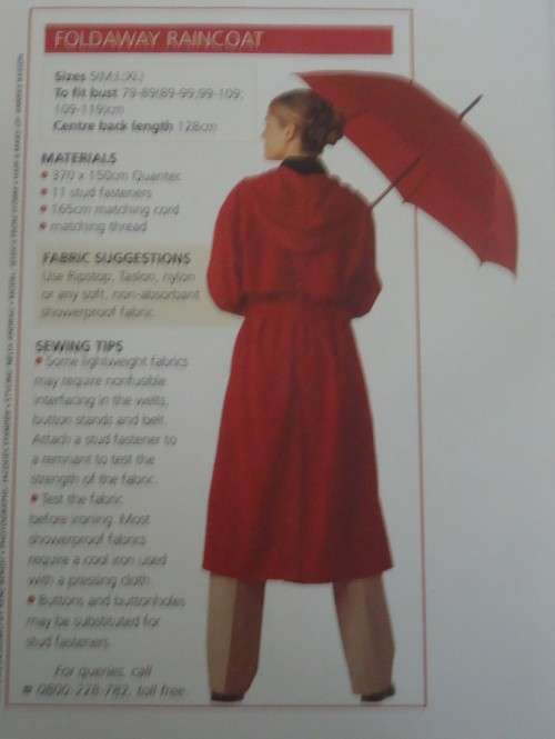 VALUE CLASSICS PATTERNS  `FOLDAWAY RAINCOAT` SIZES:SMALL, MEDIUM, LARGE AND EXTRA LARGE