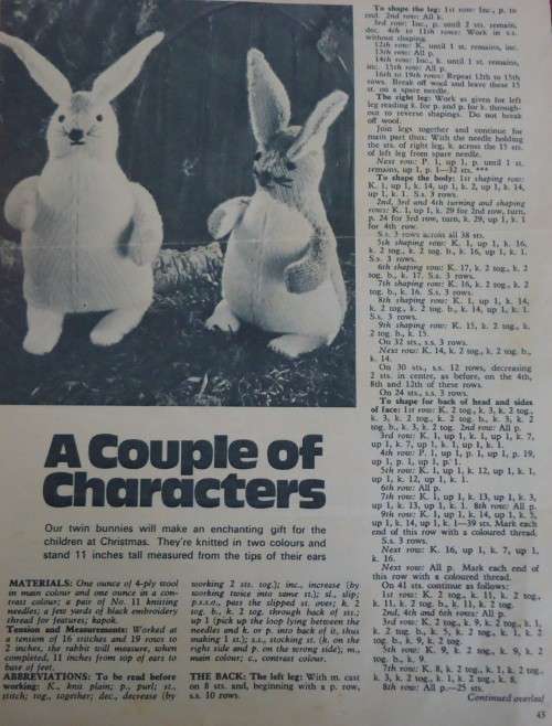 WOMAN`S WEEKLY - KNIT A COUPLE OF CHARACTERS - PAIR OF RABBITS- HEIGHT 11`