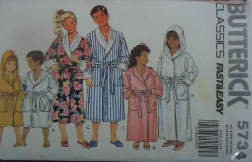 BUTTERICK PATTERN 5734 KIDS HOODED ROBE & ROBE ONE SIZE 4-6-7-8-10-12-14 YEARS COMPLETE & UNCUT