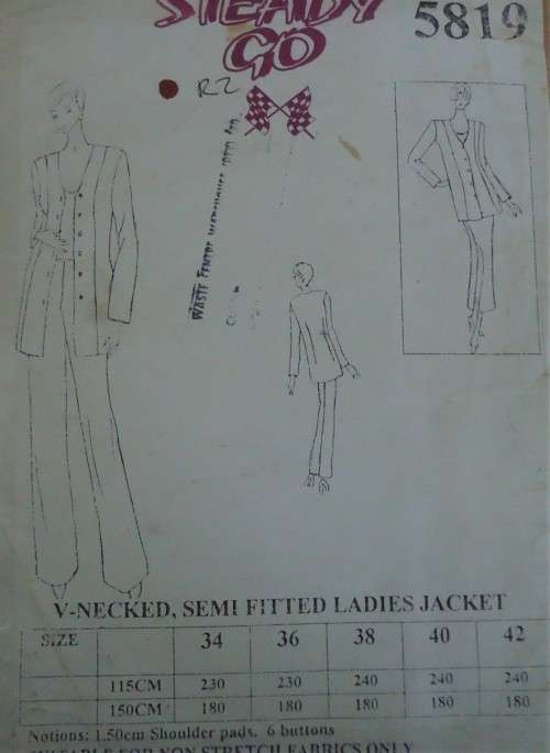 READY-STEADY-GO PATTERN #5819 V NECK SEMI FITTED LADIES JACKET SIZES 36` COMPLETE