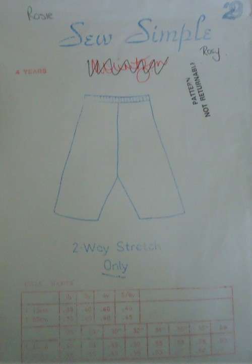 SEW SIMPLE PATTERNS # 29 CYCLE SHORTS -KIDDIES SIZE 4 YEARS