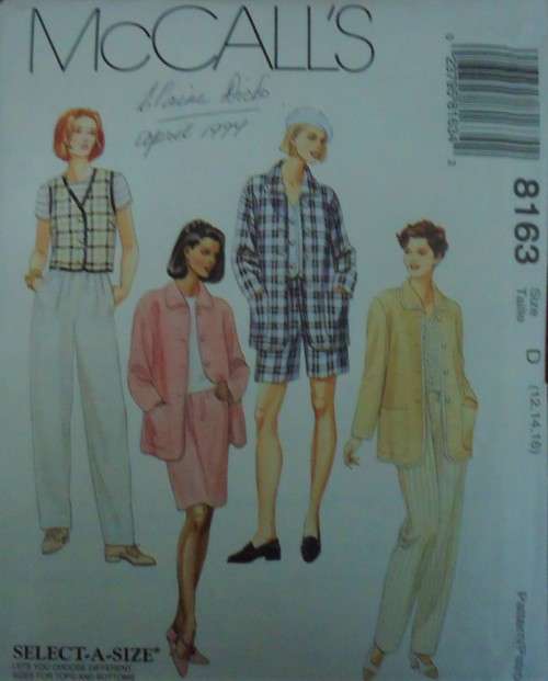 McCALL'S PATTERN 8163 SHIRT-JACKET-WAISTCOAT-PULL-ON PANTS-SHORTS-SKIRT SIZE D =12 + 14+ 16 COMPLETE