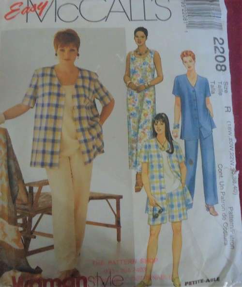 McCALL'S PATTERN 2208 SHIRT-DRESS-TOP, PULL ON PANTS/SHORTS SIZE R 18W+20W+22W+36+38+40 COMPLETE