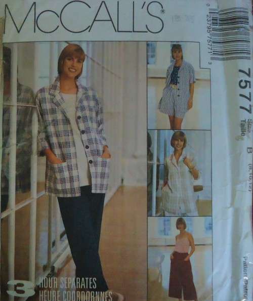 McCALL'S PATTERNS 7577 UNLINED JACKET-PULL ON PANTS-CULOTTE-SHORTS  SIZE B = 8 + 10 + 12 COMPLETE