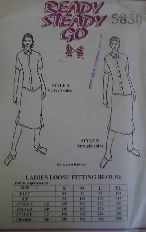 READY-STEADY-GO PATTERN - NUMBER 5830 - LADIES LOOSE FITTING BLOUSE - SIZE LARGE