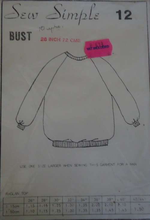 SEW SIMPLE PATTERNS # 12  RAGLAN TOP- 10 YEARS  OR SIZE 28` OR 72 CM
