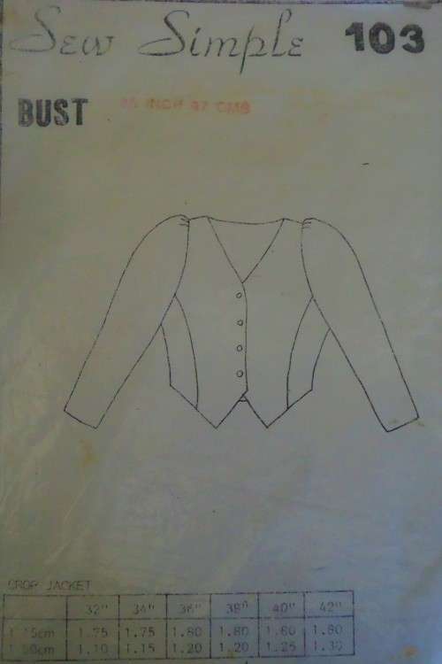 SEW SIMPLE PATTERNS #103 CROP JACKET SIZES 38` or 97 cm COMPLETE