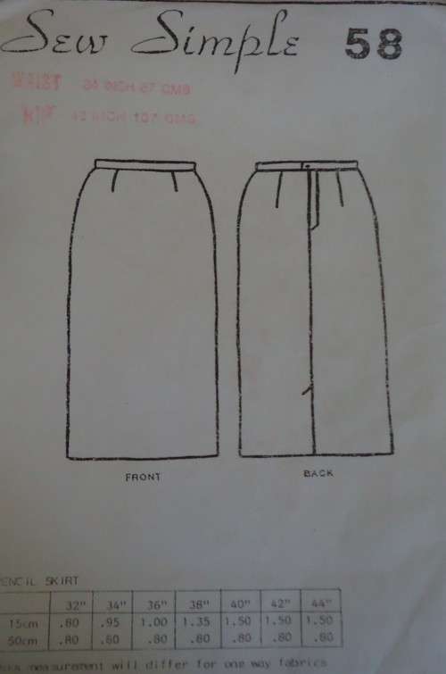SEW SIMPLE PATTERNS #58 PENCIL SKIRT SIZE WAIST 34" HIP 42" - COMPLETE