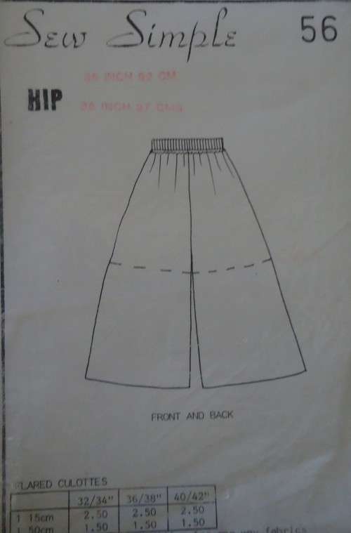 SEW SIMPLE PATTERNS #56 FLARED CULOTTES SIZE HIP 32-34 OR 981-84 CM COMPLETE