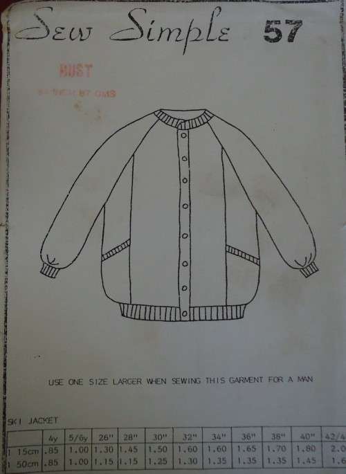 SEW SIMPLE PATTERNS # 57 SKI JACKET SIZE 34" OR 87 CM