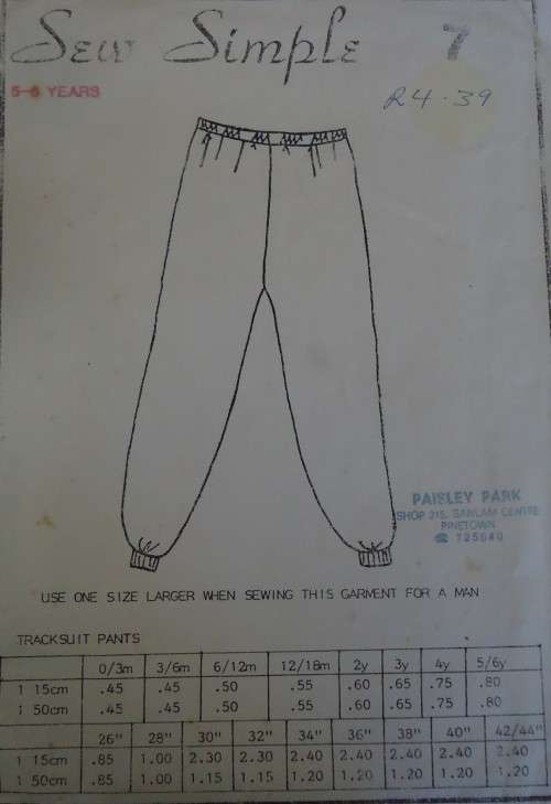 SEW SIMPLE PATTERNS # 7  TRACKSUIT PANTS  SIZE 28` OR 72 CM