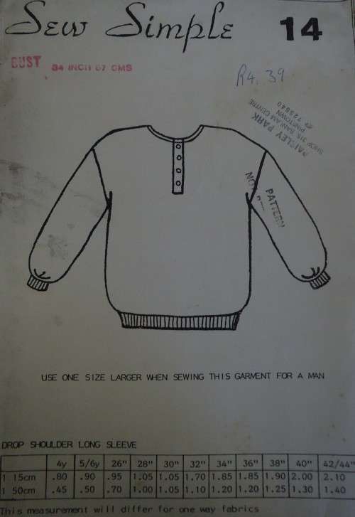 SEW SIMPLE PATTERNS 14  DROP SHOULDER LONG SLEEVE TOP SIZE  42 OR 44 or 102 OR 112 CM