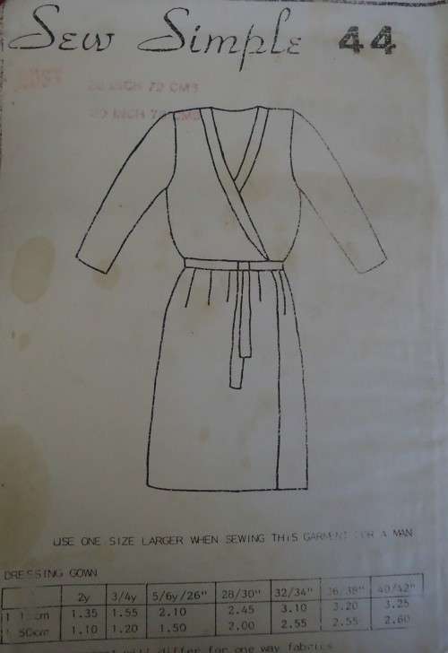 SEW SIMPLE PATTERNS #44  DRESSING GOWN  SIZES 28" & 32" OR 72 cm & 78 cm COMPLETE