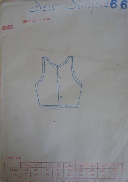 SEW SIMPLE PATTERNS # 66 CROP TOP SIZE  36" OR 92 CM
