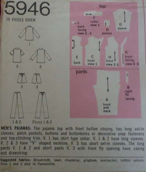 SIMPLICITY PATTERNS 5946 MEN'S PJS  SIZE LARGE CHEST 42£ - 44"   COMPLETE AND UNCUT
