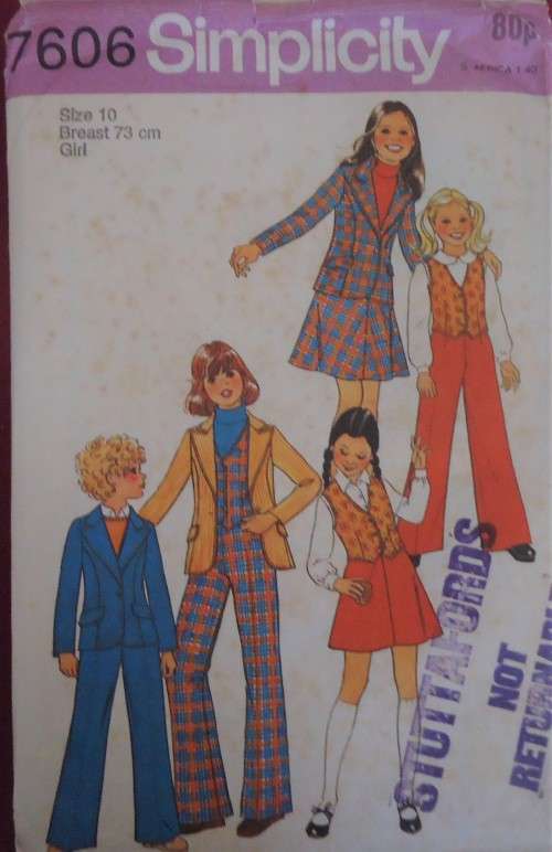 VINTAGE SIMPLICITY 7606 GIRLS UNLINED JACKET-WAISTCOAT-PANTS-SKIRT SIZE 10 YRS BREAST 73 CM COMPLETE