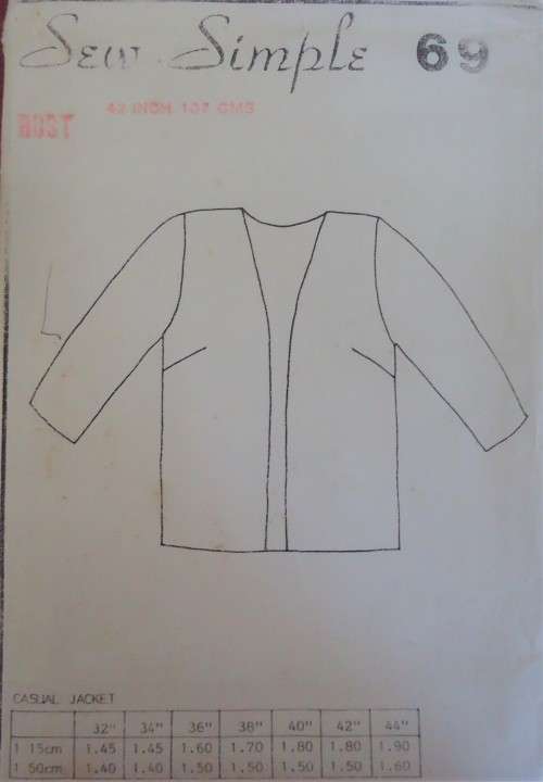SEW SIMPLE PATTERNS # 69 CASUAL JACKET SIZE BUST 42" OR 107 CM