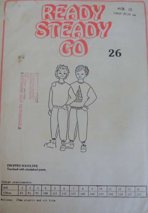 READY-STEADY-GO PATTERN-NUMBER 26  DROPPED SHOULDER TRACKSUIT AGE 12 YEARS CHEST 77-79 CM